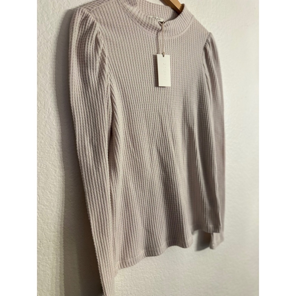 Z Supply Justice Thermal Top Oatmeal Waffle Knit Puff Sleeve Crew Neck Large NWT - Picture 4 of 10